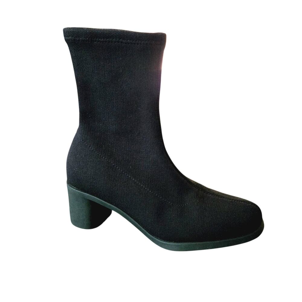 Sleek Camper Meda Black Knit Sock Booties Block Heel Ankle Boots Size 38 US 7.5